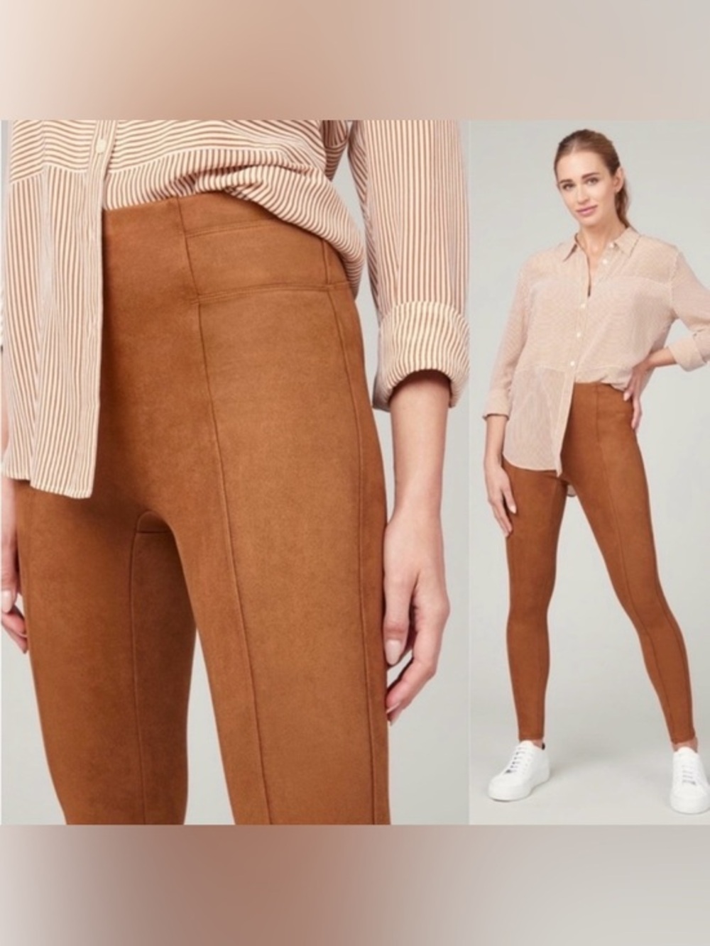 SPANX Rich Caramel Brown Faux Suede Textured Leggings Fall Winter Size Medium